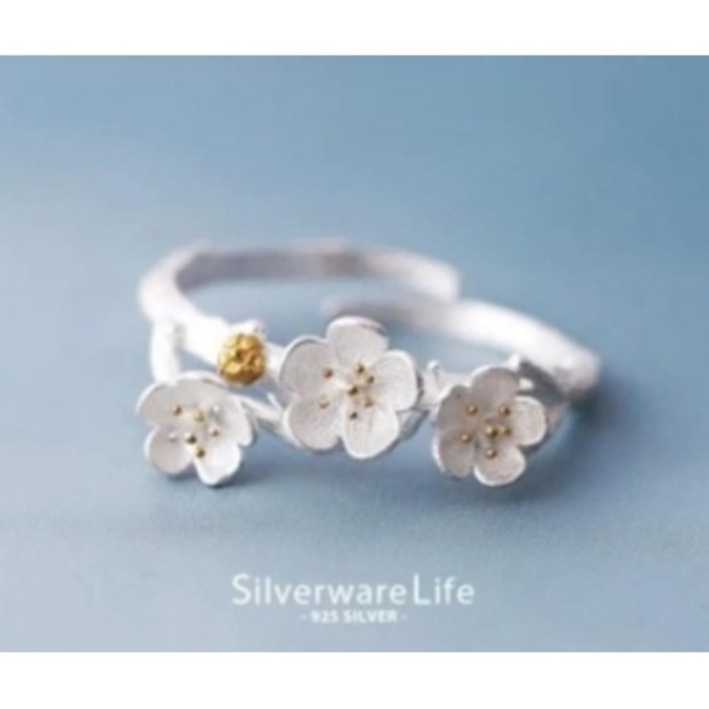 NEW 925 Sterling Silver Cherry Blossom Flower Adjustable Ring Gold Accent